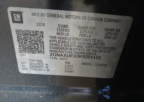 2019 Chevrolet Equinox Lt из США, поврежденный, VIN 2GNAXUEV3K6205101